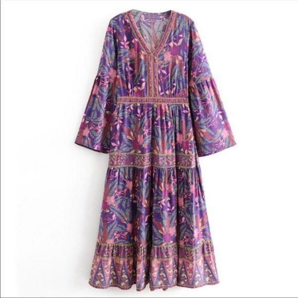 Boho Floral Print Gypsy Maxi Dress Purple Paisley - Picture 6 of 13